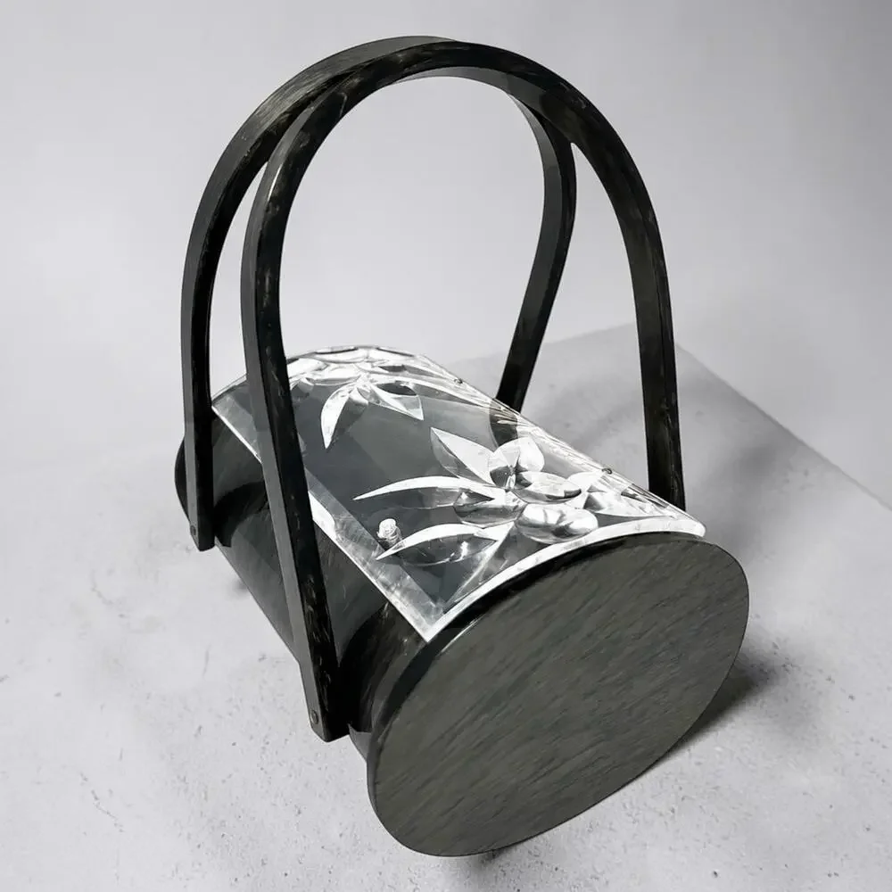 Original Rialto NY Vintage 1950s Lucite Handbag Gray Black Carved Floral Lid